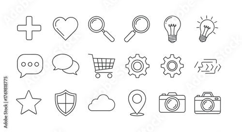Outline icon pack featuring a plus sign, heart, loupe, lightbulbs, speech bubbles, shopping cart, gears, star, shield, cloud, location pin, and cameras, perfect for graphic and web design, apps