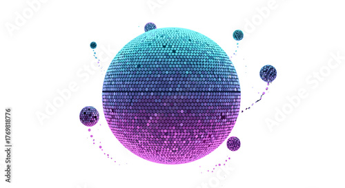 Abstract background with a large disco ball composed of countless small, shimmering pixels in vibrant blue and purple gradients, surrounded by smaller orbiting spheres and scattered light particles