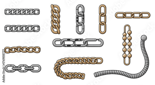 Collection of realistic, glossy, metallic chains in various styles and colors, presented as a vector cartoon illustration. This set includes different types of links, from classic oval shapes to