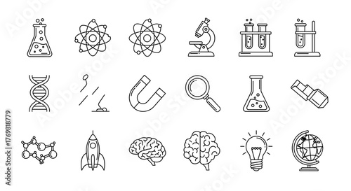 A comprehensive collection of science-themed thin line icons, featuring laboratory equipment, atomic structures, DNA, magnets, microscopes, rockets, brains, lightbulbs, and globes, all presented with