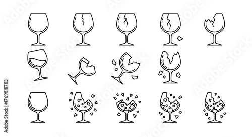 Set of minimalistic linear icons representing broken wine glasses, symbolizing accidents, mistakes, or bad luck. These clean, vector-based pictograms are perfect for web design, graphic applications