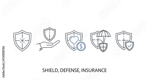 Collection of minimalistic linear shield and defense icons representing insurance, security, and protection. Includes icons for health insurance, financial security, and verified safety, perfect for