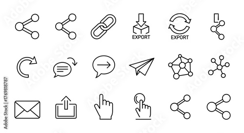 A diverse collection of outline icons representing sharing, linking, and connection concepts, perfect for graphic design, web development, app interfaces, and advertising. This vector cartoon