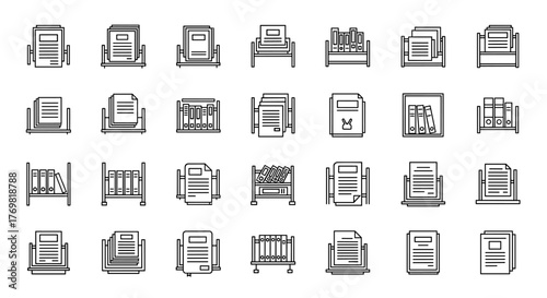 Collection of line icons representing shelved documents, files, and binders, perfect for infographics, articles, books, flyers, and banners. Editable stroke for customization. Vector cartoon
