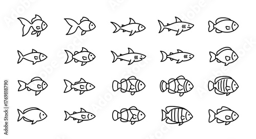 Simple black line art fish icon graphic design illustration for website and mobile app design projects, representing the sea, presented on a clean white background, part of an ordered line icon set