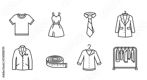 A modern collection of sewing and garment line icons, perfect for design projects, websites, apps, and cards, featuring linear images of a T-shirt, dress, tie, measuring tape, and other essential