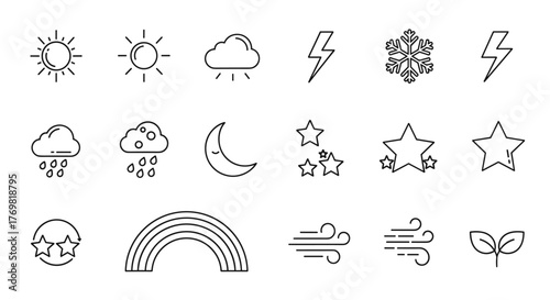 Collection of thin line icons representing various weather phenomena and natural elements, including sun, clouds with rain, lightning, snowflake, moon, stars, rainbow, wind, and a sprouting plant