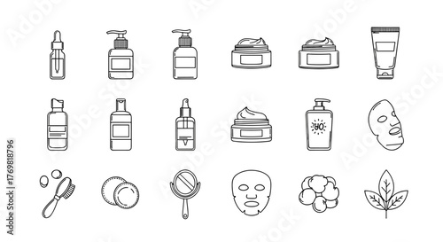 Collection of skincare and beauty product line icons, including serum bottles, lotion pumps, jars of cream, face masks, and cleansing brushes, presented in a clean, modern outline style perfect for
