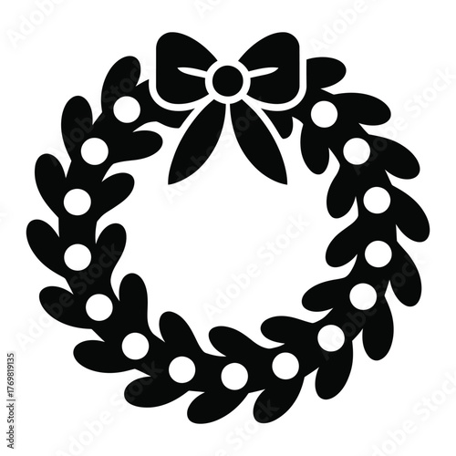 Christmas Wreath Silhouette Vector Illustration – Festive Holiday Decoration with Bow and Berries, Classic Winter Ornament Design for Christmas Greeting, Seasonal Decor, and Celebration Art