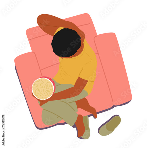 Young man isolated cartoon character eating popcorn while sitting on home armchair overhead view