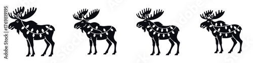 Christmas Moose Silhouette Vector Illustration – Festive Winter Animal Decorated with Holiday Lights, Woodland Wildlife Design for Seasonal Celebration, Christmas Art, and Winter Theme