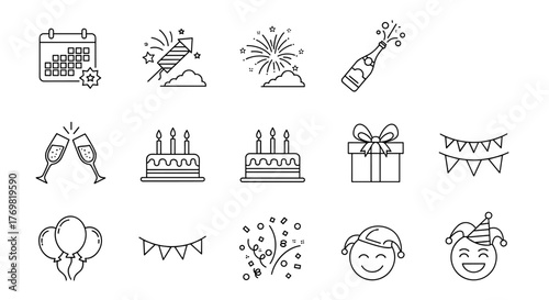 A minimalist collection of thin line icons representing various party and celebration elements, including a calendar, fireworks, champagne bottle, birthday cakes, gift box, balloons, party flags