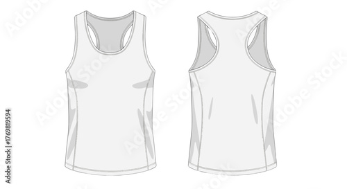 Front and back view of a clean white athletic tank top mockup, perfect for sports apparel design, featuring a racerback style and athletic fit, ideal for runners, athletes, and fitness enthusiasts