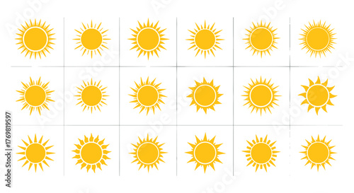 Collection of vibrant yellow sun icons in a flat design style, presented on a black background, featuring diverse ray patterns and circular shapes, perfect for logos, weather icons, and representing