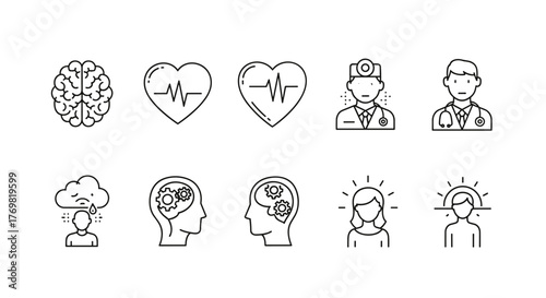 Psychology icon set featuring a brain, heart with EKG, doctors, a person under a storm cloud representing depression, gears in a head symbolizing thought processes, and icons for mental clarity and