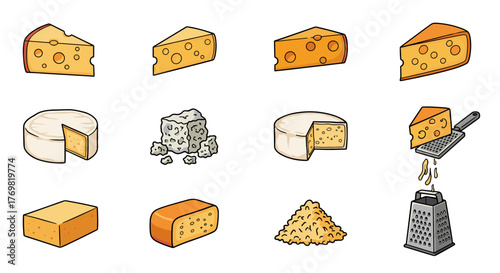 A diverse collection of cheese icons, featuring various types like Swiss, cheddar, blue cheese, and brie, presented in a clean, cartoonish vector style. Includes a grater and grated cheese, perfect