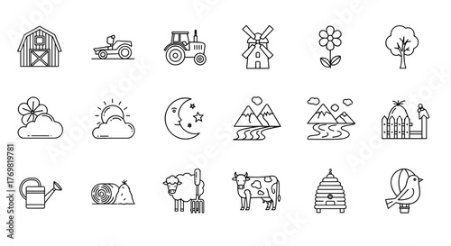 A collection of thin line icons representing countryside and landscape elements, including a barn, ATV, tractor, windmill, flower, tree, clouds, moon, mountains, river, fence, watering can, hay bale