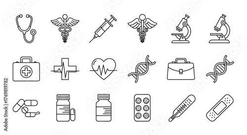 Set of thin medical icons with editable stroke, perfect for websites, books, cards, and apps. Includes stethoscope, caduceus, syringe, microscope, first aid kit, cross, heart rate, DNA, briefcase