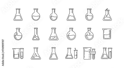 Set of minimalistic thin line icons representing various laboratory flasks and beakers, perfect for web design, graphic design, apps, banners, social networks, and cards. This vector cartoon