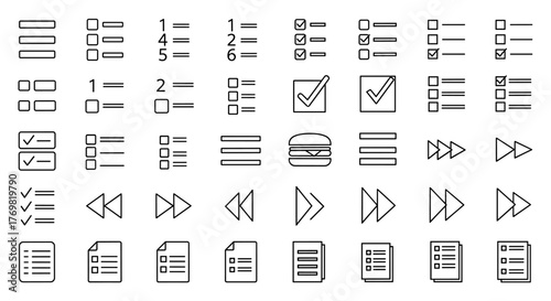 Collection of interface elements including menus, lists, and icons, presented in a clean, editable stroke style, perfect for infographics, articles, books, flyers, and banners, rendered as vector