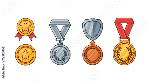 Set of four cartoon-style medal icons, including gold, silver, and bronze awards, with stars and laurel wreaths, perfect for UI elements, placards, books, apps, websites, and cards, featuring