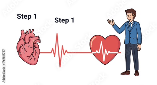 Vivid illustration of a human heart and a stylized heart with a cardiogram line connecting them, presented by a businessman in a suit, symbolizing medical infographics, business presentation, and