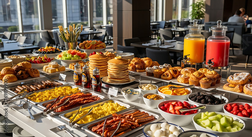 Ultra-realistic American hotel breakfast buffet with pancakes, scrambled eggs, bacon, sausages, pastries, fruits, and orange juice dispensers, modern dining hall filled with natural sunlight and warm 