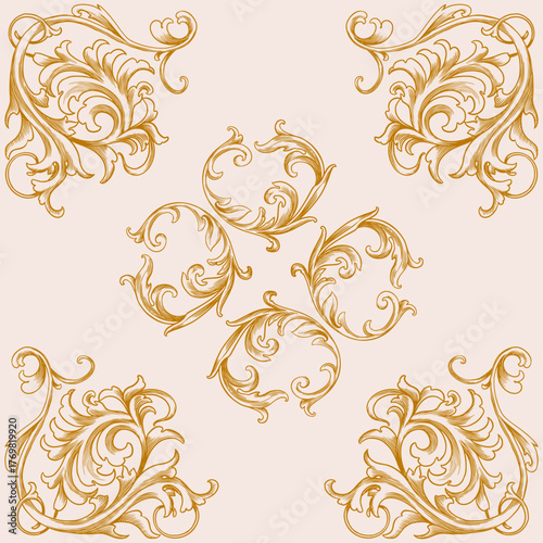 Vintage Baroque or renaissance Seamless pattern hand drawn Victorian set of ornament floral elements engraved retro flower decorative design heraldic swirls.