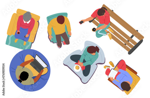 People of different ages sitting on bench, armchair, chair, sofa couch, soft bag overhead view set