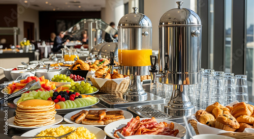 Ultra-realistic American hotel breakfast buffet with pancakes, scrambled eggs, bacon, sausages, pastries, fruits, and orange juice dispensers, modern dining hall filled with natural sunlight and warm 