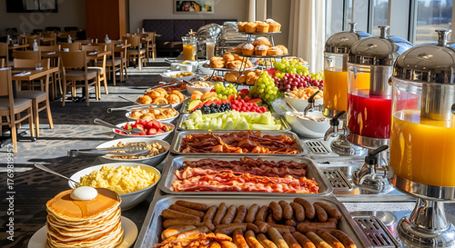 Ultra-realistic American hotel breakfast buffet with pancakes, scrambled eggs, bacon, sausages, pastries, fruits, and orange juice dispensers, modern dining hall filled with natural sunlight and warm 