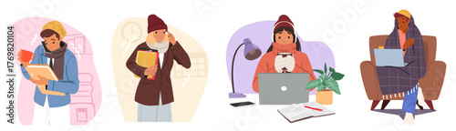 People characters shivering from cold and chill environment working and studying online at home