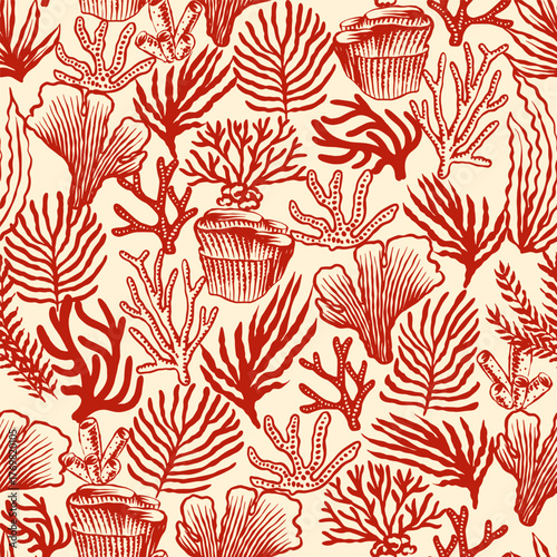 Corals and seaweed seamless pattern. Abstract Botanical Illustration. Underwater sea plants and flora. Hand Drawn 