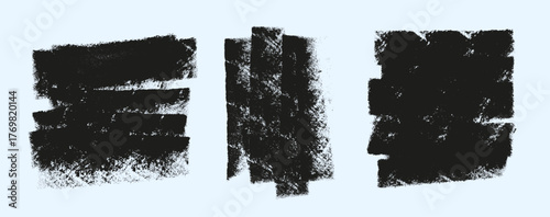 Grunge Roller Brush Texture Stamps Set. Black grunge textures made with paint roller strokes. Ideal for backgrounds, overlays, or grunge design accents in posters, prints, and digital art. Vector set