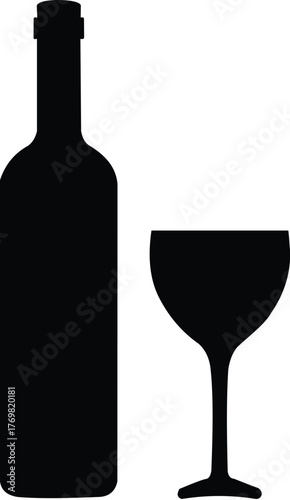 Simple silhouette of wine bottle and glass on gray background
