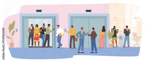 Diverse people characters in lobby of modern business center using elevator, communicating scene