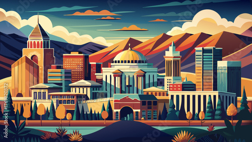 Very beautiful Boise vector travel poster in cinematic minimal landscape art style, featuring the city skyline, surrounding foothills, and modern architecture with warm sunset tones capturing Idaho’s 