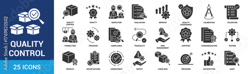 Quality control icon set. Containing inspection, evaluation, product, quality assurance, process, testing and more. Glyph vector icons collection.