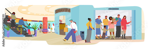 People in shopping mall using elevator and escalator to lift or down to next floor cartoon scene