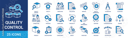 Quality control icon set. Containing inspection, evaluation, product, quality assurance, process, testing and more. Blue vector icons collection.