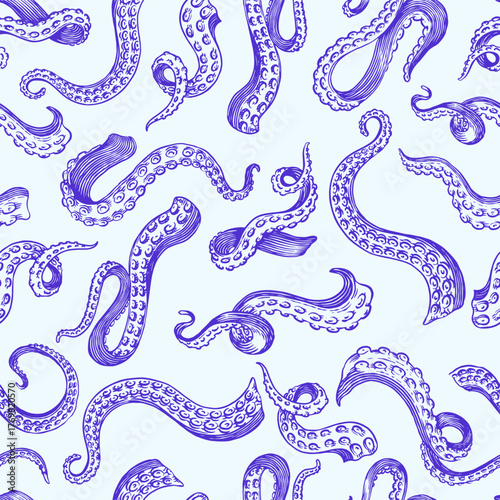 Octopus tentacles. Engraved seamless pattern hand drawn in old sketch, vintage creature. Nautical or marine, monster. Animal in the ocean. Template for logos, labels and emblems.