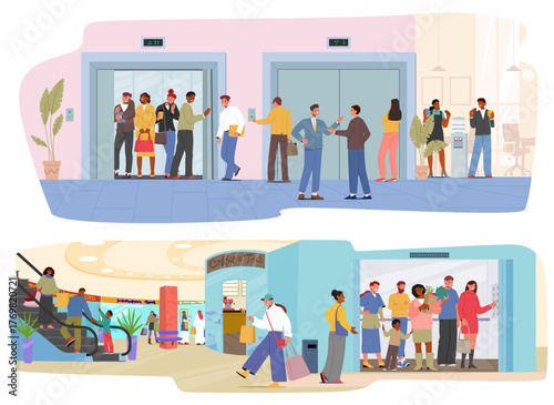People inside, nearby elevator in common space of shopping mall, office building cartoon scene set