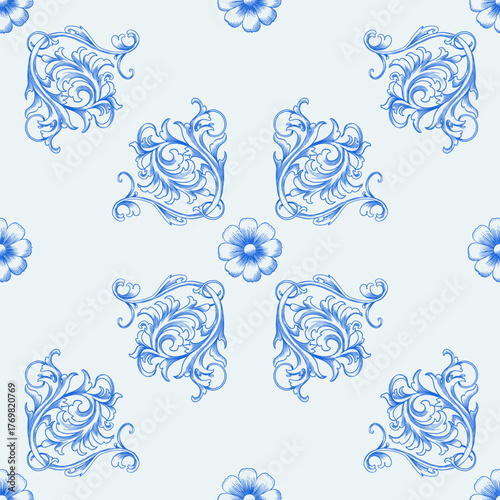 Vintage Baroque or renaissance Seamless pattern hand drawn Victorian set of ornament floral elements engraved retro flower decorative design heraldic swirls.
