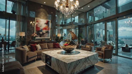 Luxurious High-Rise Living Room With Stunning City Views at Sunset