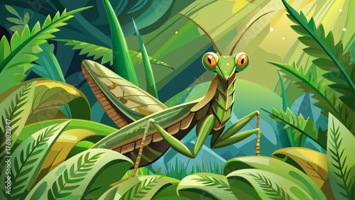 Realistic vector of a praying mantis sitting on leaf, detailed texture, soft natural light, green forest background, calm summer atmosphere