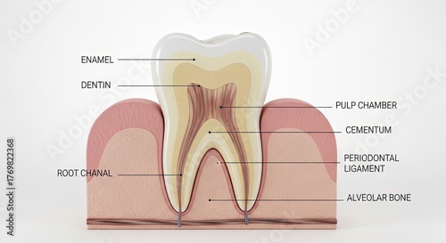 Tooth Anatomy Cross Section Diagram Dental Care Enamel Dentine Pulp Chamber Cementum Periodontal Ligament Alveolar Bone Root Canal Health Education Visual