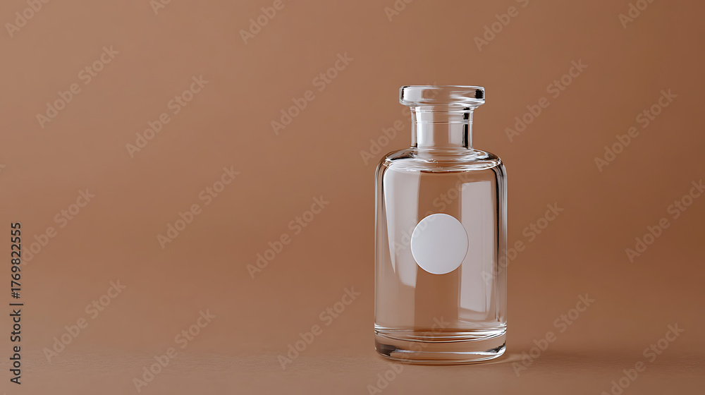 Naklejka premium Elegantly designed clear glass bottle stands on a caramel background, the simplicity of its form drawing attention to its potential contents and minimalist aesthetic, style for branding