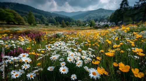 Fototapeta Naklejka Na Ścianę i Meble -  Wildflower field with daisies bloom high resolution picture