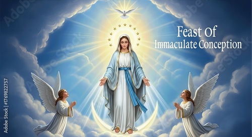 Immaculate Conception Feast: Blessed Virgin Mary stands, surrounded by golden rays, a sacred dove above. Devoted angels kneel on soft clouds, honoring pure spiritual grace on eighth day of December.