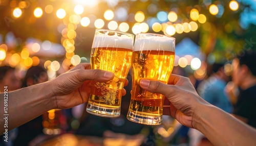 Cheers with frosty beer glasses in a festive outdoor setting filled with sparkling lights.